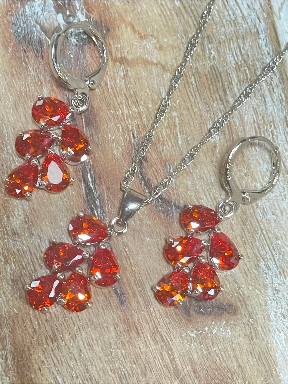 Sterling Silver Teardrop Crystal Necklace w Deep Orange Faceted Crystal Stones
